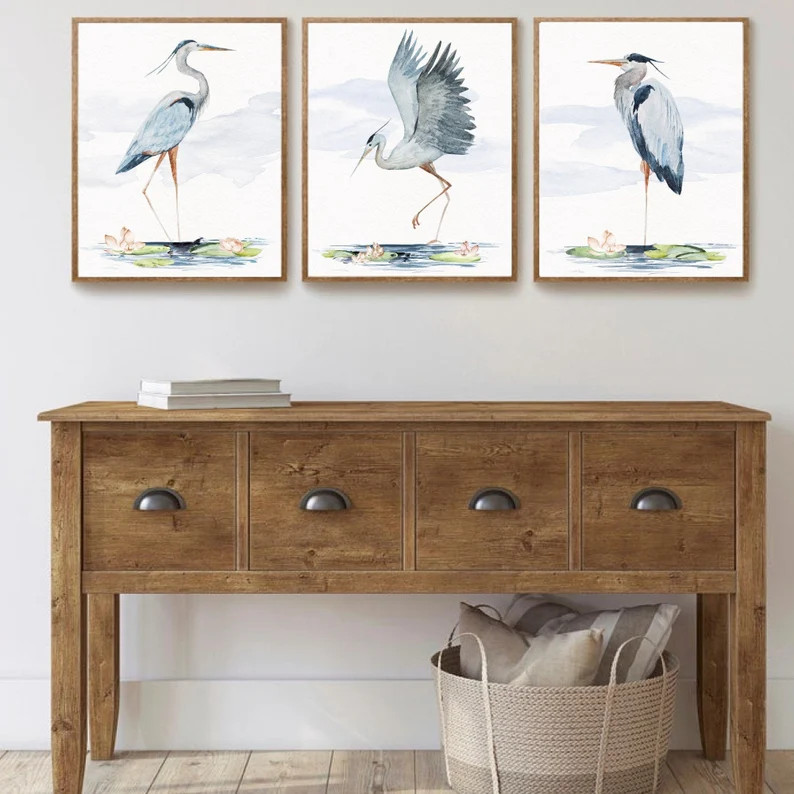 Great Blue Heron Watercolor Art Prints, Set of 3 Heron Birds, Coastal Decor, Tropical Wall Art, B... | Etsy (US)