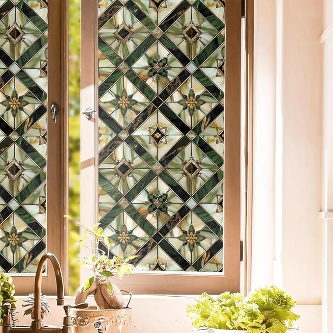Boho Golden Vintage Geometric Dark Green Ethnic Stained Glass Window Films Decorative Double-Side... | Amazon (US)