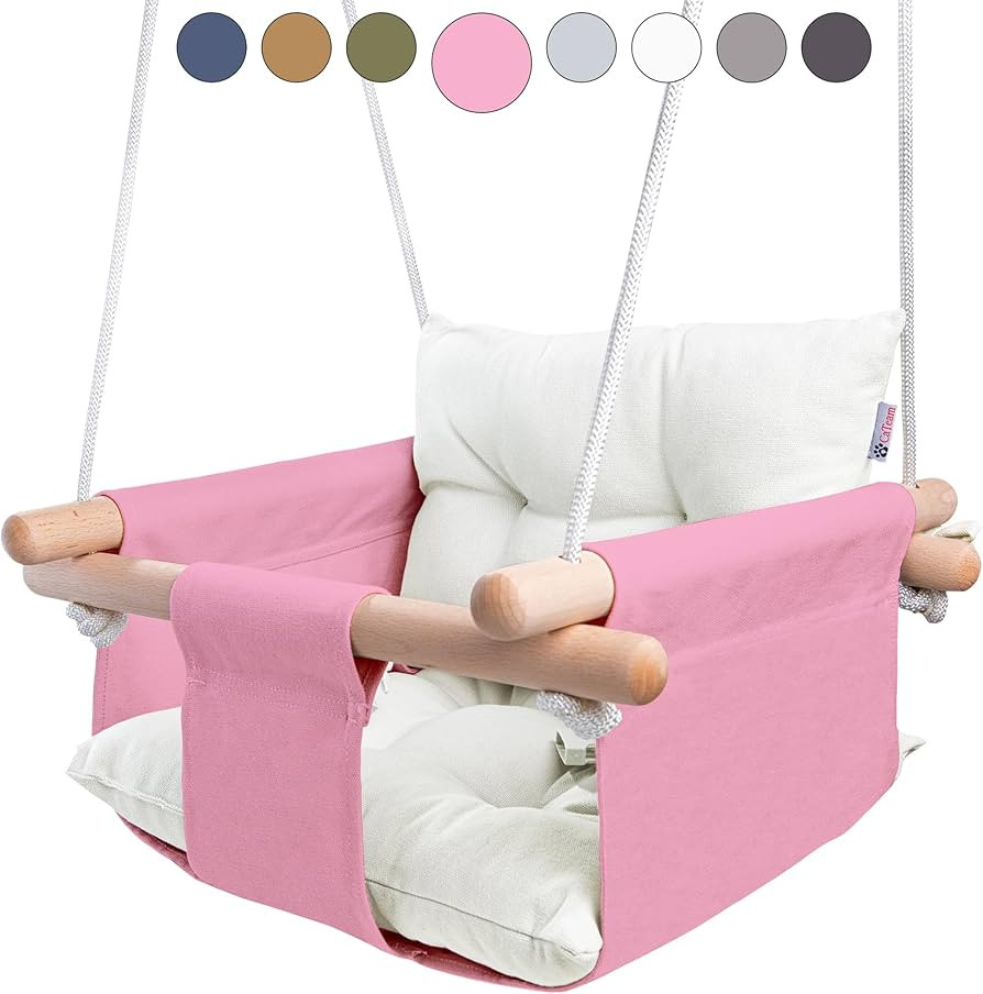 CaTeam - Canvas Baby Swing, Wooden Hanging Swing Seat Chair with Safety Belt, Durable Baby Swing ... | Amazon (US)