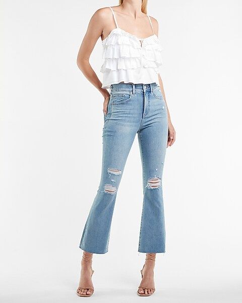 High Waisted Light Wash Raw Hem Cropped Supersoft Flare Jeans | Express