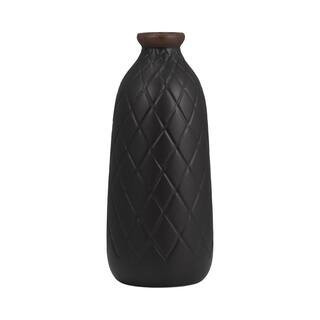 12 in. Black Ceramic Cylinder Decorative Vase with Plaid Textured Design | The Home Depot