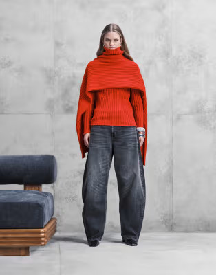 ASOS DESIGN knitted funnel neck jumper with re-attachable scarf in red | ASOS (Global)