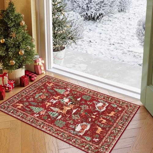 Lahome Indoor Christmas Rug 2x3 Small Kitchen Bathroom Rugs for Entryway,Washable Soft Non-Slip Christmas Tree Santa Claus Area Rug,Door Mat for Winter Living Room Bedroom Holiday Decor(2x3,Red) | Amazon (US)