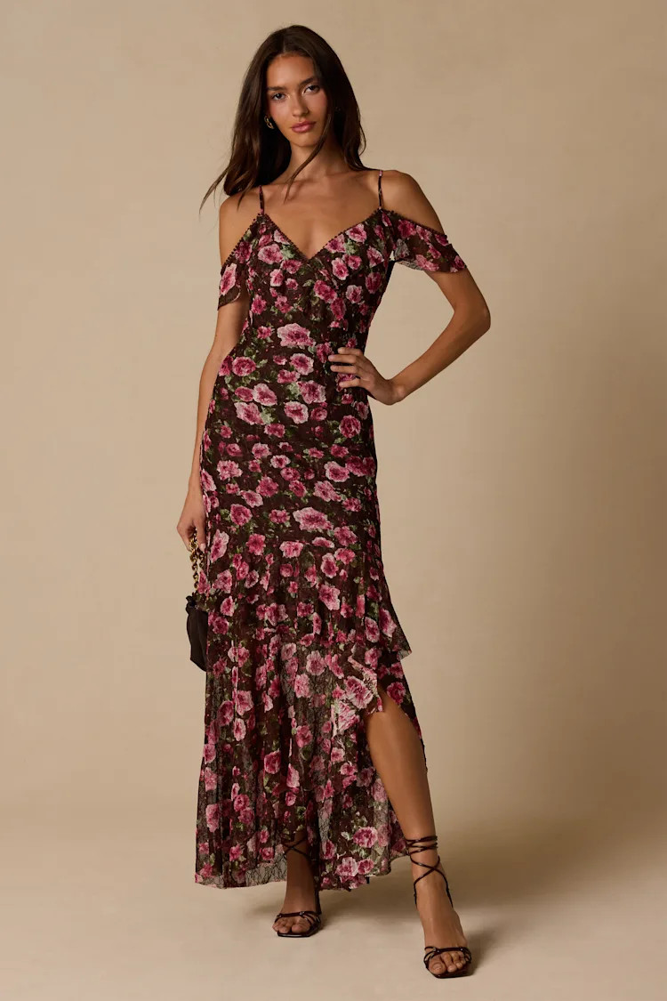 Lisbette Brown Floral Ruffled Mesh Dress | Lulus