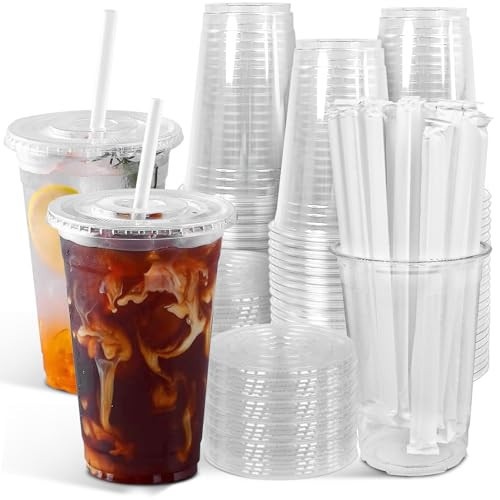 Ginkgo 100-Pack 20oz Clear Plastic Iced Coffee Cups with Lids and Straws, Disposable To Go Cups for Smoothies, Milkshake, Cold Beverages, Coffee Bar Accessories | Amazon (US)