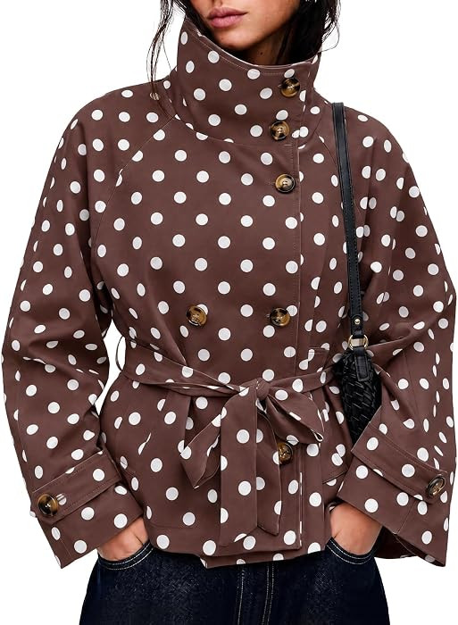 Tankaneo Womens Polka Dot Cropped Trench Coats Trendy Casual Short Jackets | Amazon (US)