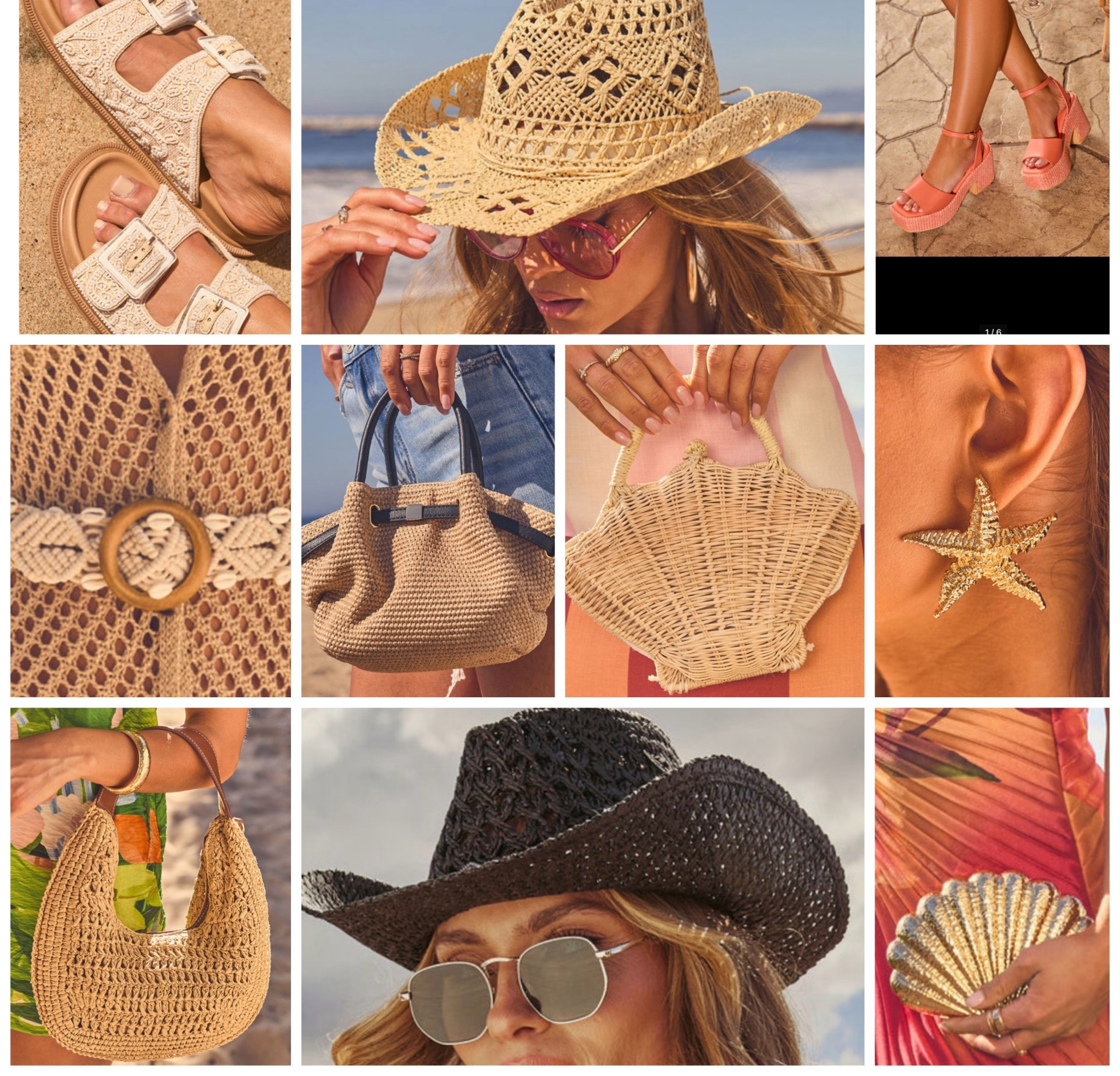 All the vacation accessory necessities 
Hats, belt, bags, sandals, earrings