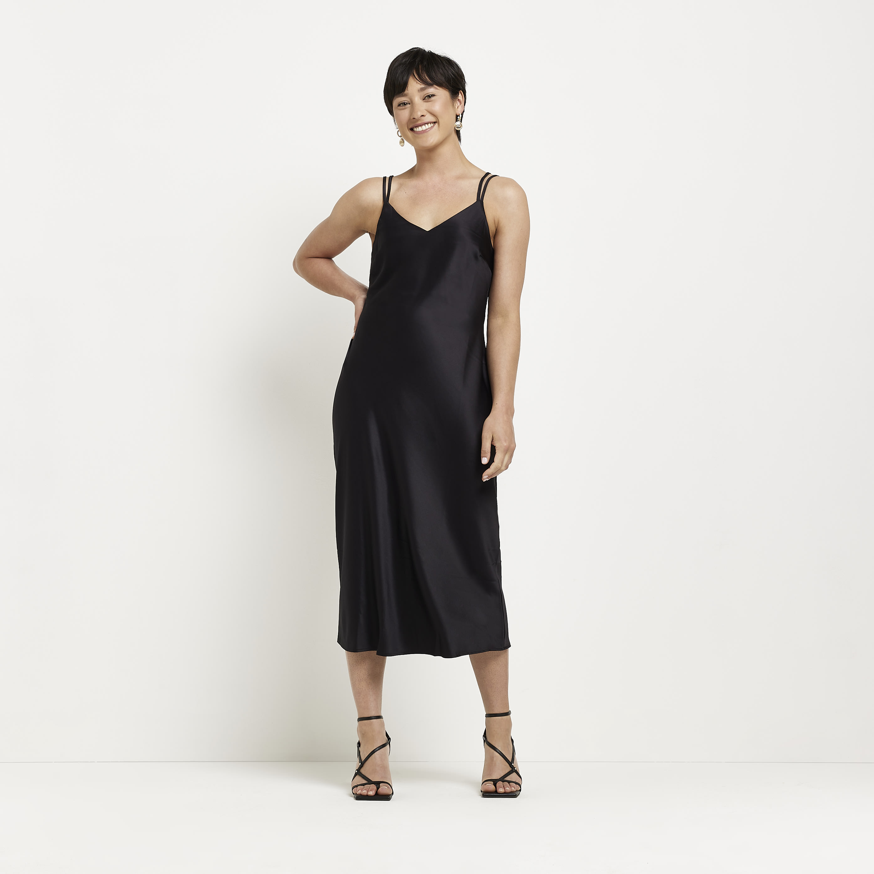 River Island Womens Petite Black Satin Slip Midi Dress | River Island (UK & IE)