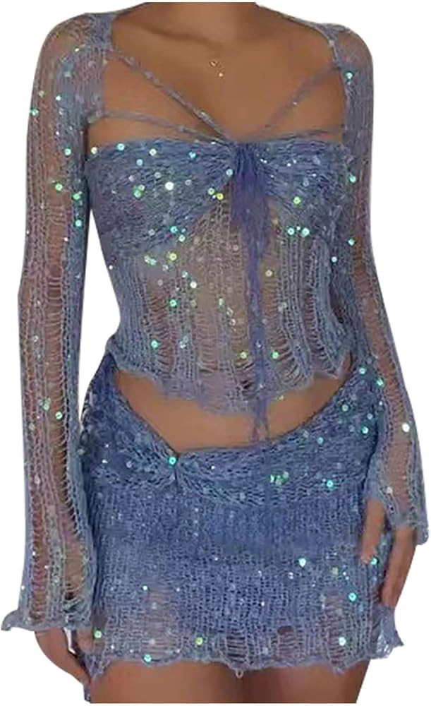Womens Mermaid Top Sparkle Sequin Mini Skirt Set Sexy 2 Piece Party Outfits Y2k Crochet Knitted M... | Amazon (US)