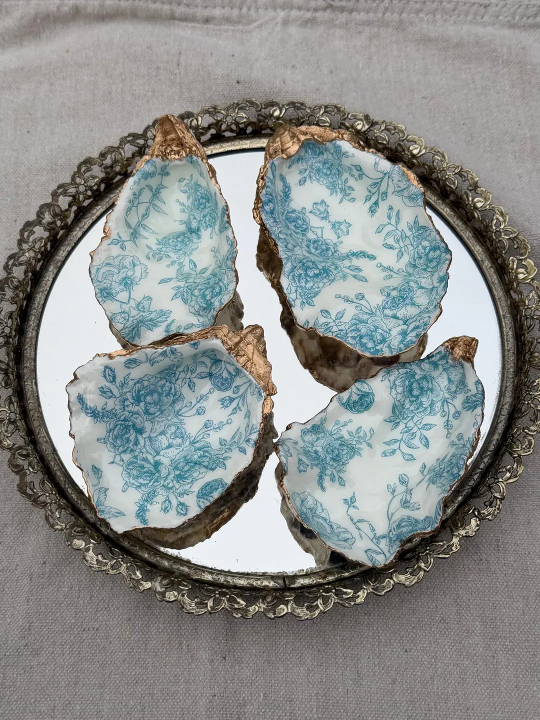 Handmade Decoupage Oyster Shell | Blue Floral Chinoiserie Trinket Dish | Gold Gilded Catch | Etsy (US)