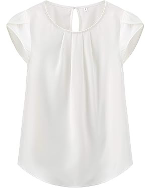 TASAMO Women's Casual Round Neck Basic Pleated Top Cap Sleeve Curved Keyhole Back Chiffon Blouse | Amazon (US)