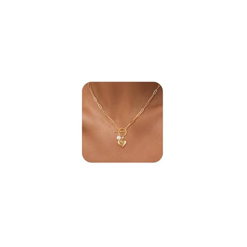 Carffordo Gold Heart Necklace for Women – Chunky 14K Gold Plated Heart Pendant Necklace with Toggle Clasp, Oval Link Chain, Trendy Dainty Non Tarnish Love Jewelry Gift | Amazon (US)