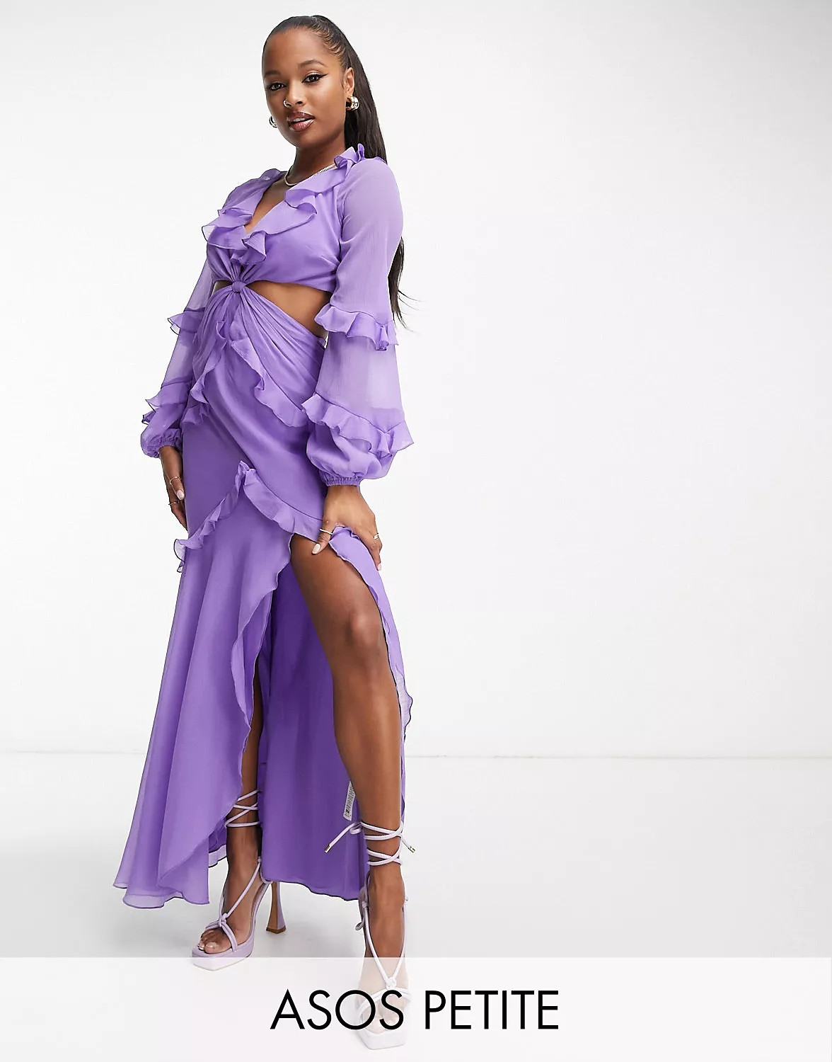 ASOS DESIGN Petite twist waist cut out maxi dress with ruffle detail in purple | ASOS (Global)