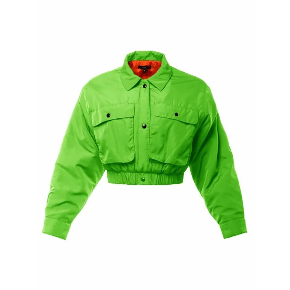 A2Y Women's Cropped Front Two Pocket Snap Quilted Padding Bomber Jacket Neon Green L | Walmart (US)