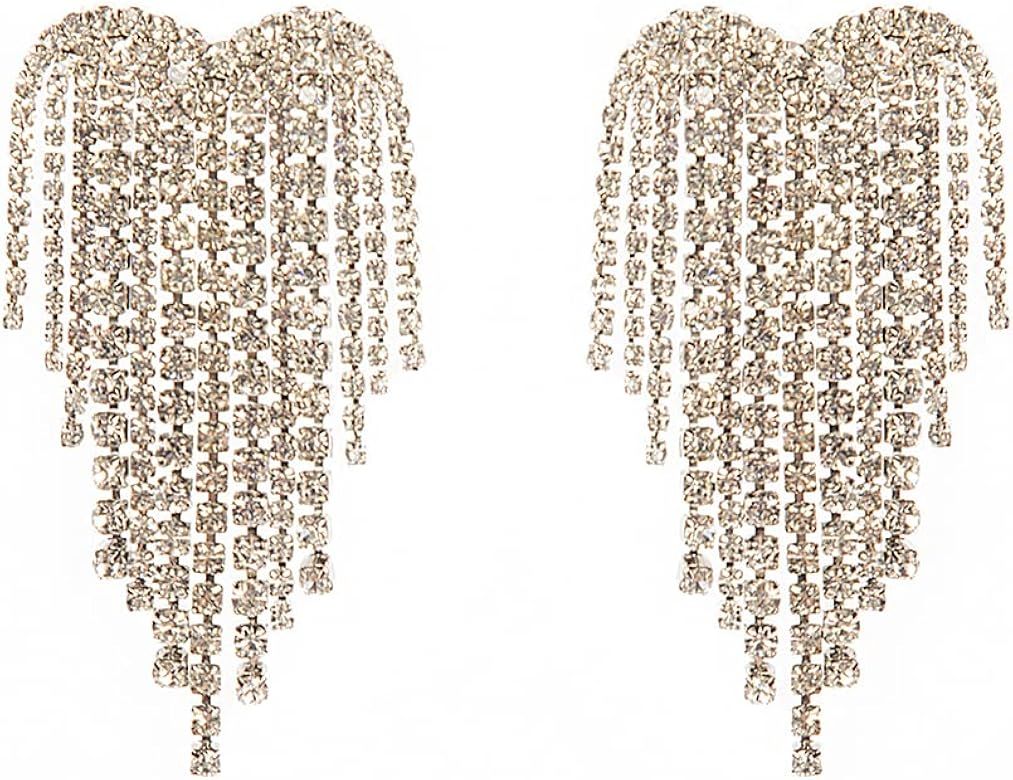 Women Crystal Long Tassels Dangle Earrings Love Heart Sparkling Rhinestone Silver Teardrop | Amazon (US)