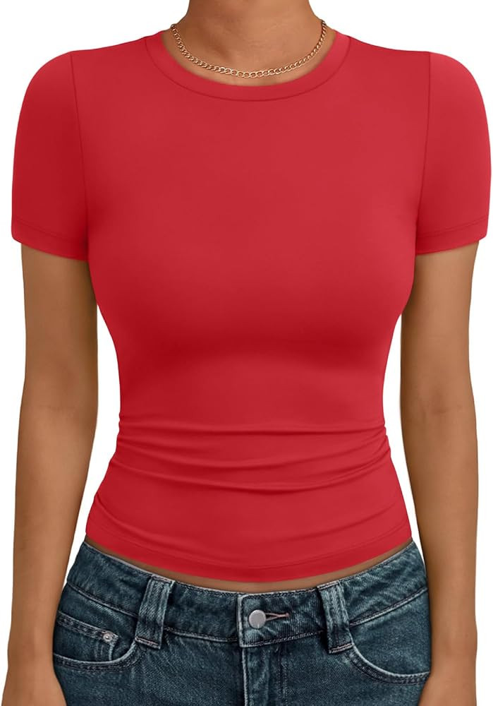AUTOMET Women's Crew Neck Short Sleeve Summer Basic T-Shirt Stretchy Tight Fitted Soft Going Out ... | Amazon (US)