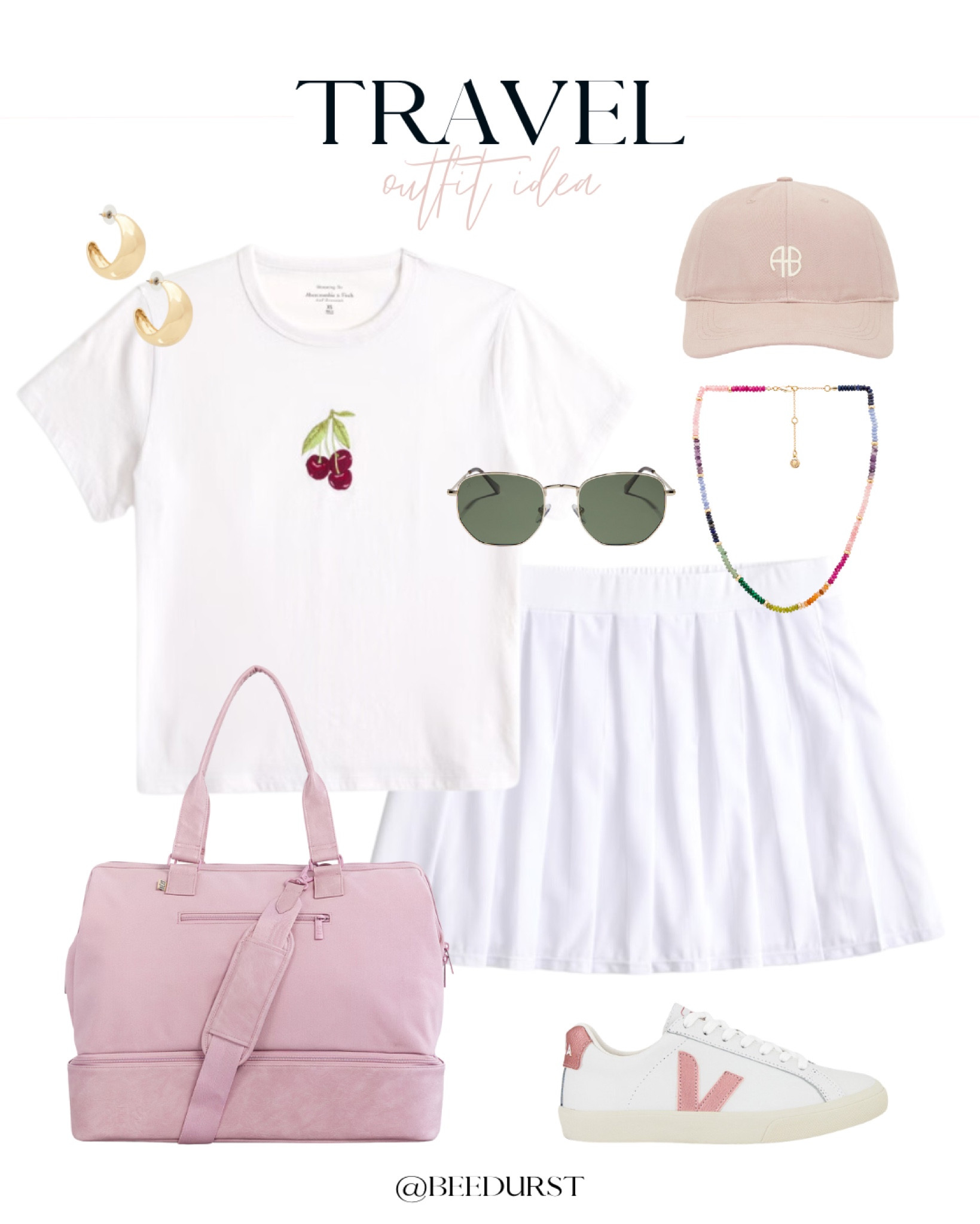 Travel outfit idea, plane outfit idea, road trip outfit idea, comfy outfit idea, athleisure outfit idea, baby tee, cherry tee, white tennis skirt, pleated tennis skirt, trendy tennis skirt, Beis weekender bag, travel bag, carry on bag, Anine Bing baseball cap, Veja sneakers, trendy sneakers, gold hoops, chunky hoops, beaded necklace, trendy sunglasses 

#LTKTravel #LTKShoeCrush #LTKItBag