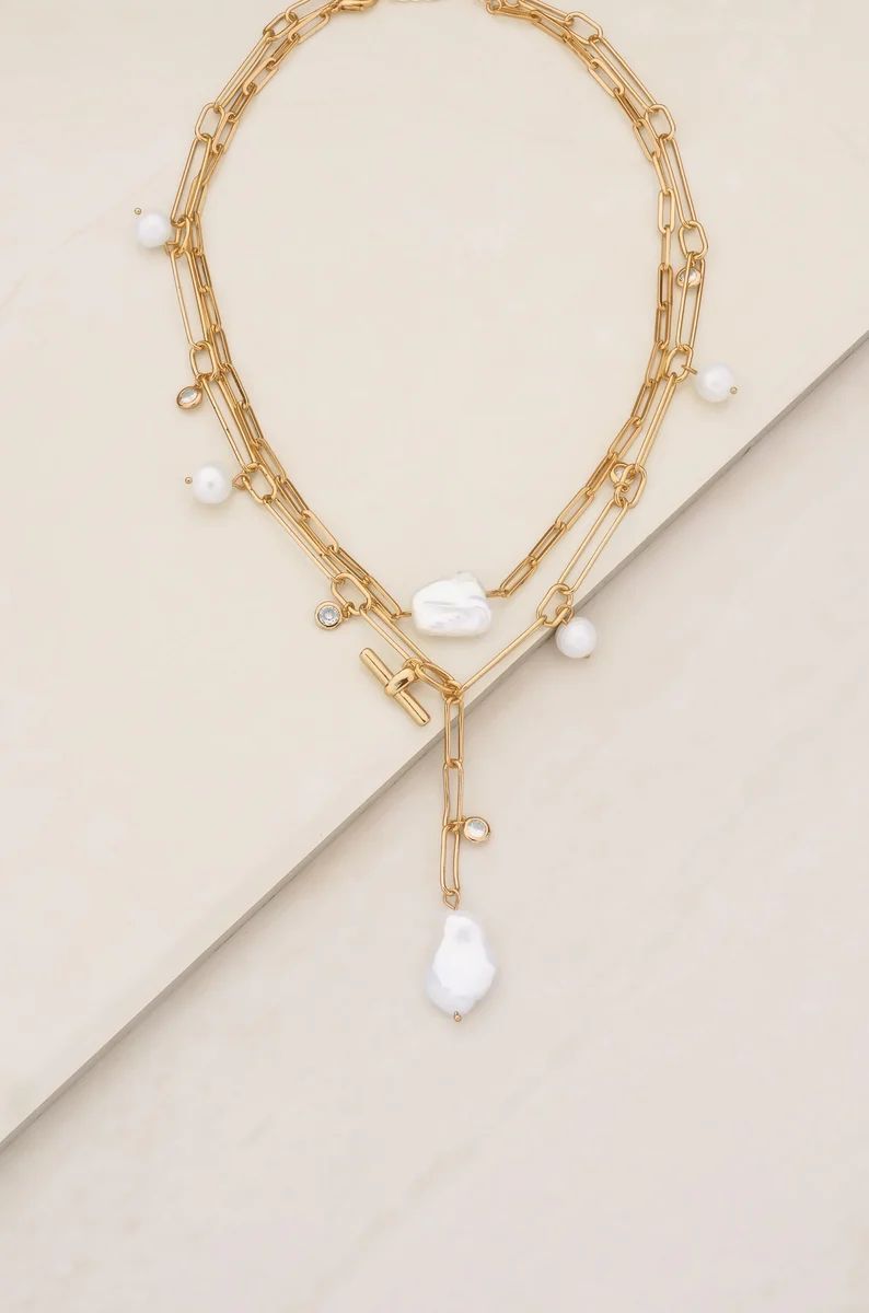 Deep Water Pearl 18k Gold Plated Lariat Necklace | Ettika