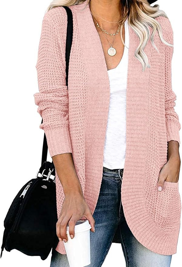 YIBOCK Womens Long Sleeve Open Front Waffle Chunky Knit Cardigan Sweater Outwear | Amazon (US)