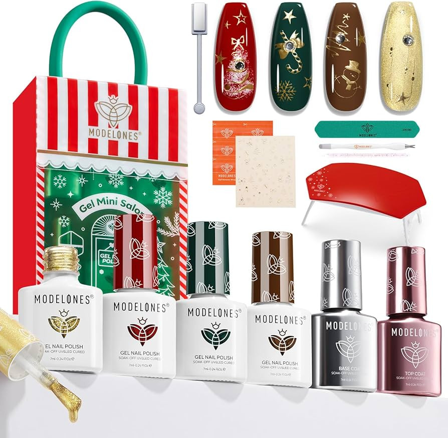 modelones Christmas Gel Nail Polish Kit With U V Light, Red Brown Green Gold Cat Eye Magnetic Man... | Amazon (US)