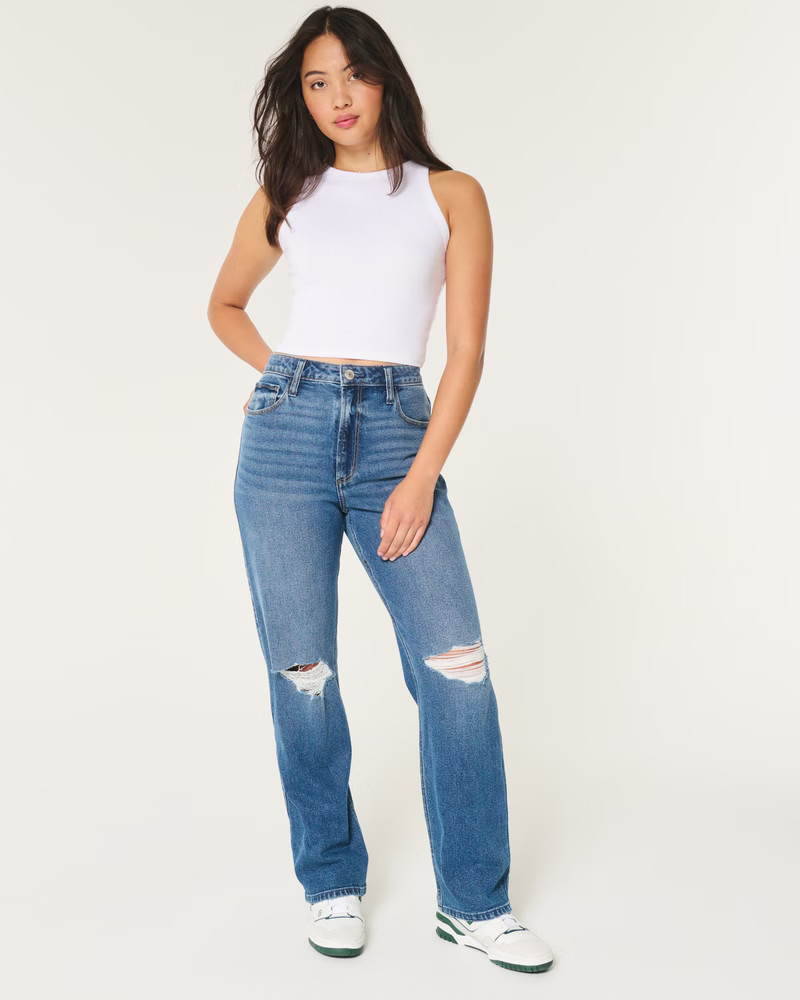 Curvy Ultra High-Rise Ripped Medium Wash Dad Jeans | Hollister (US)