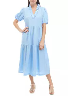 Women's Puff Sleeve Ruffled V-Neck Midi Dress | Belk