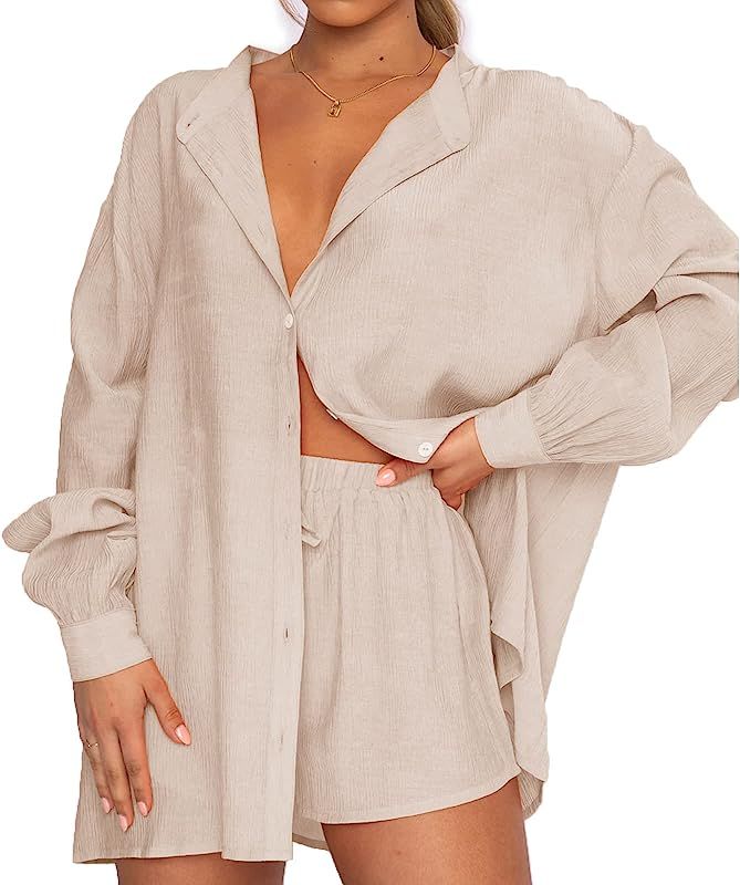 Women 2 Piece Tracksuit Casual Outfits Button Down Shirt Cardigan Tops + Elastic Waist Lounge Shorts | Amazon (US)