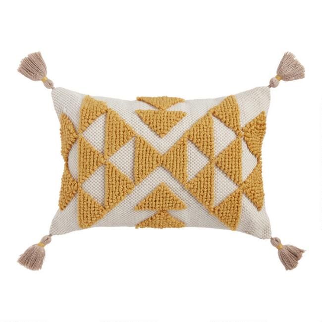 Mustard Yellow Woven Triangle Indoor Outdoor Lumbar Pillow | World Market