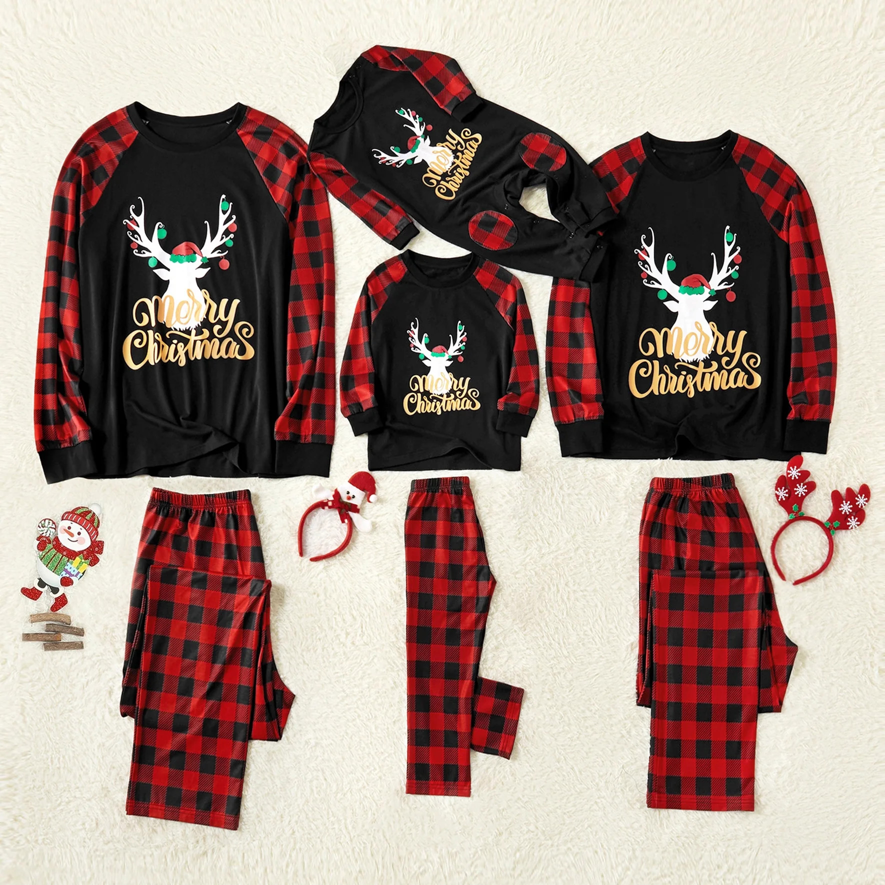 PatPat Merry Christmas Pajamas Letter Antler Print Plaid Splice Women Family Matching Pajamas Set... | Walmart (US)