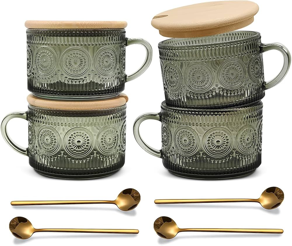 Vintage Coffee Mugs Set of 4 Green, 14 Oz Overnight Oats Containers with Bamboo Lids and Spoons, ... | Amazon (US)