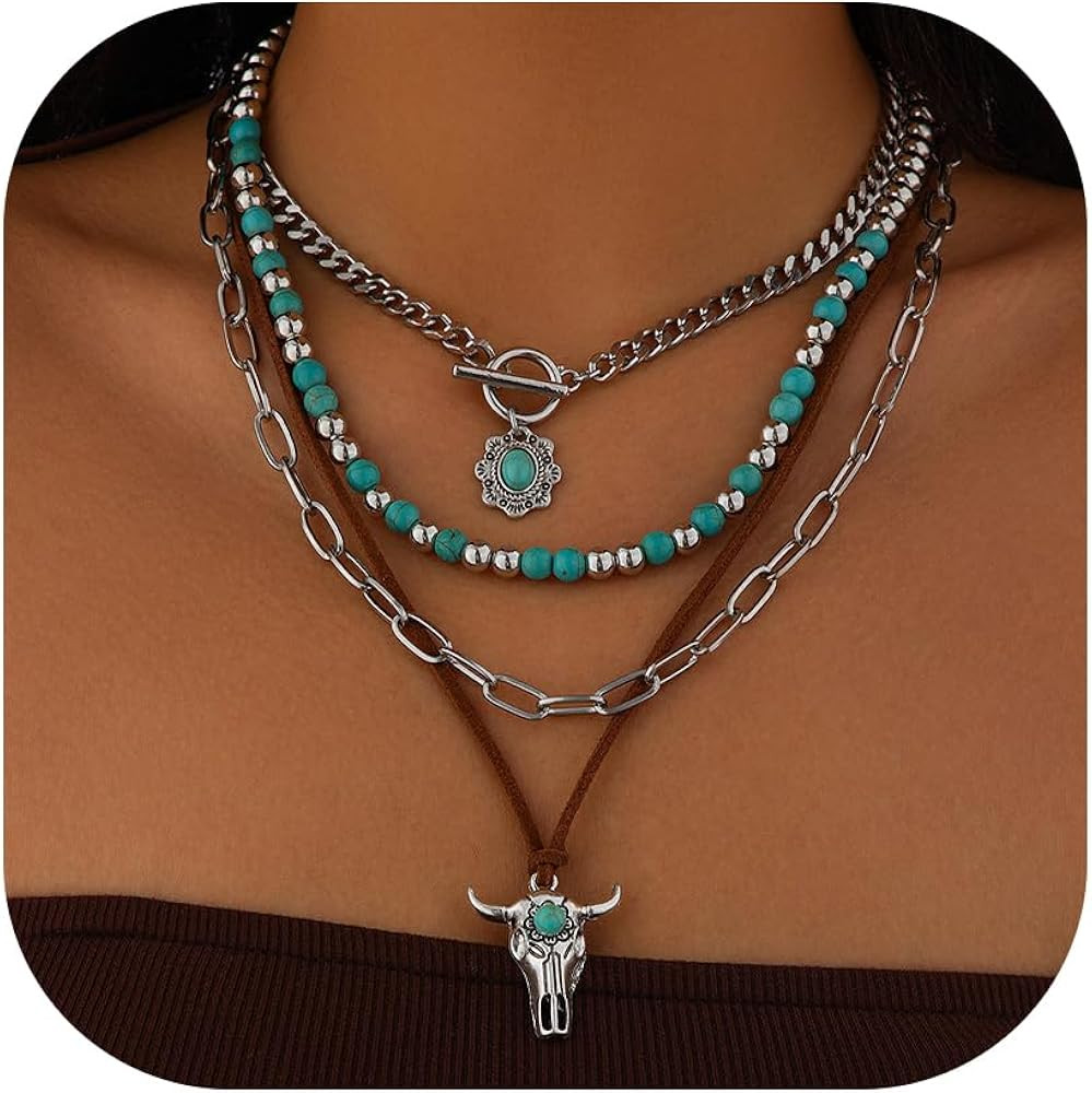 Western Necklaces Boho Layered Charm Necklace for Women Turquoise Beaded Choker Ox-head Pendant N... | Amazon (US)