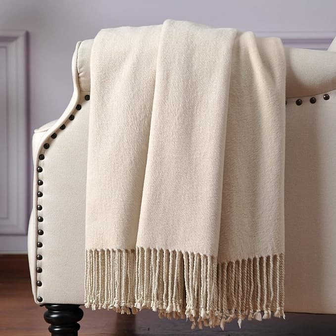 CUDDLE DREAMS Silk Throw Blanket with Hand-Knotted Fringe, Natural, Soft & Breathable (Ivory) | Amazon (US)