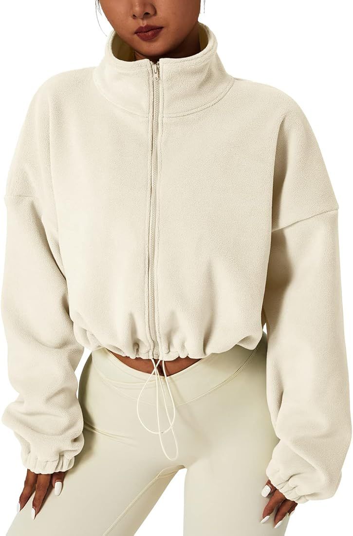 QINSEN Women's Full Zip Fleece Jacket Stand Collar Winter Warm Cropped Outwear Baggy Sherpa Short... | Amazon (US)