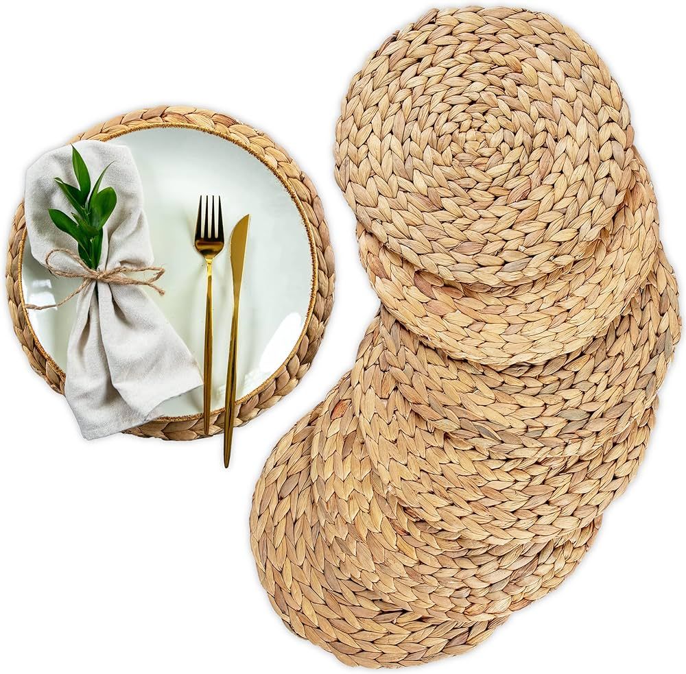 Round Woven Placemats, Rattan Placemats, Wicker Placemats, Natural Water Hyacinth Placemats, Heat... | Amazon (US)