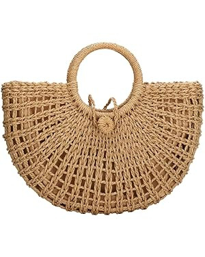 YYW Straw Bags for Women,Hand-woven Straw Top-handle Bag with Round Ring Handle Summer Beach Ratt... | Amazon (US)