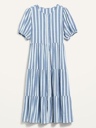 Puff-Sleeve Tiered Striped Midi Swing Dress for Women | Old Navy (US)