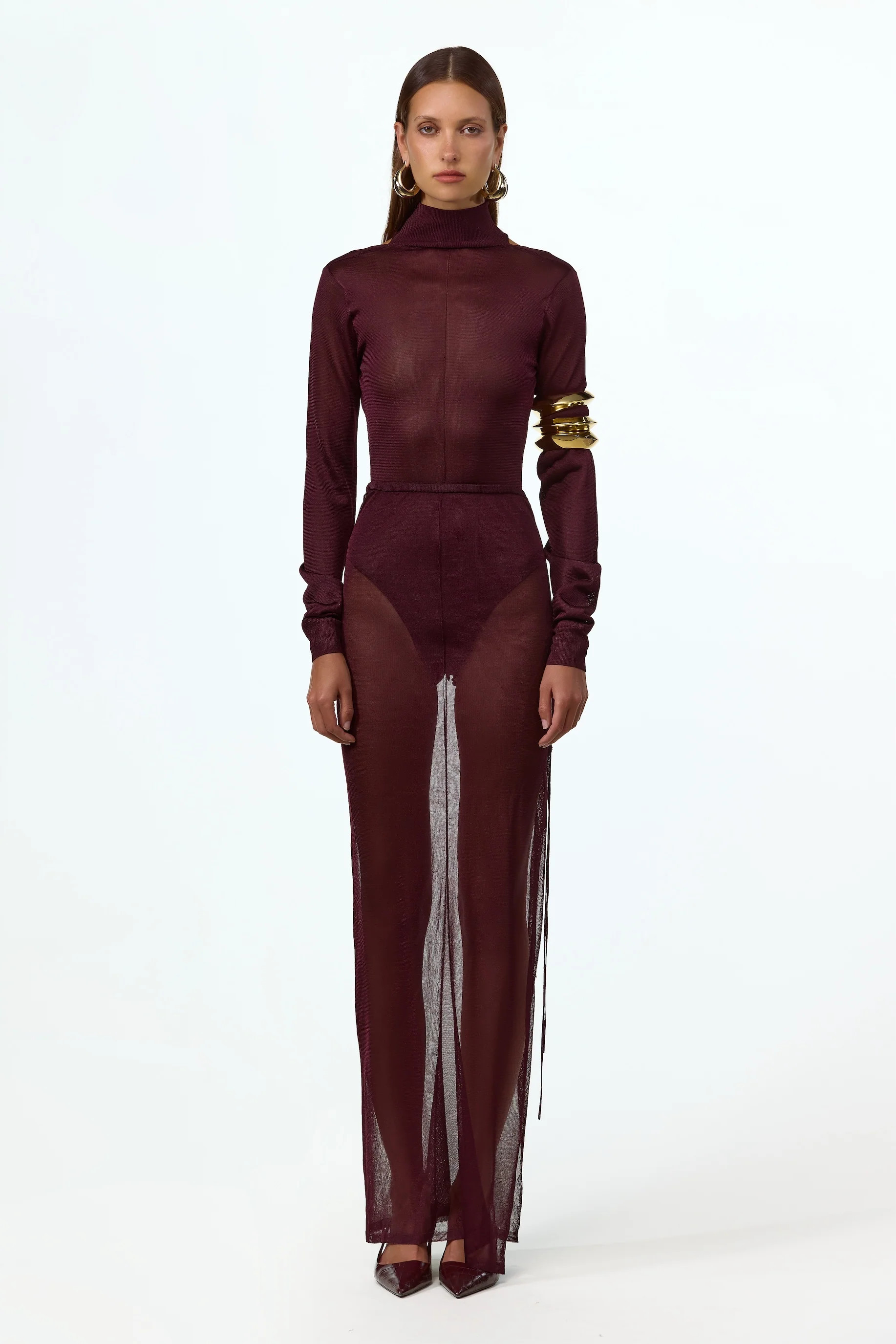 Ruched Knit Maxi Skirt (Merlot) | SAME