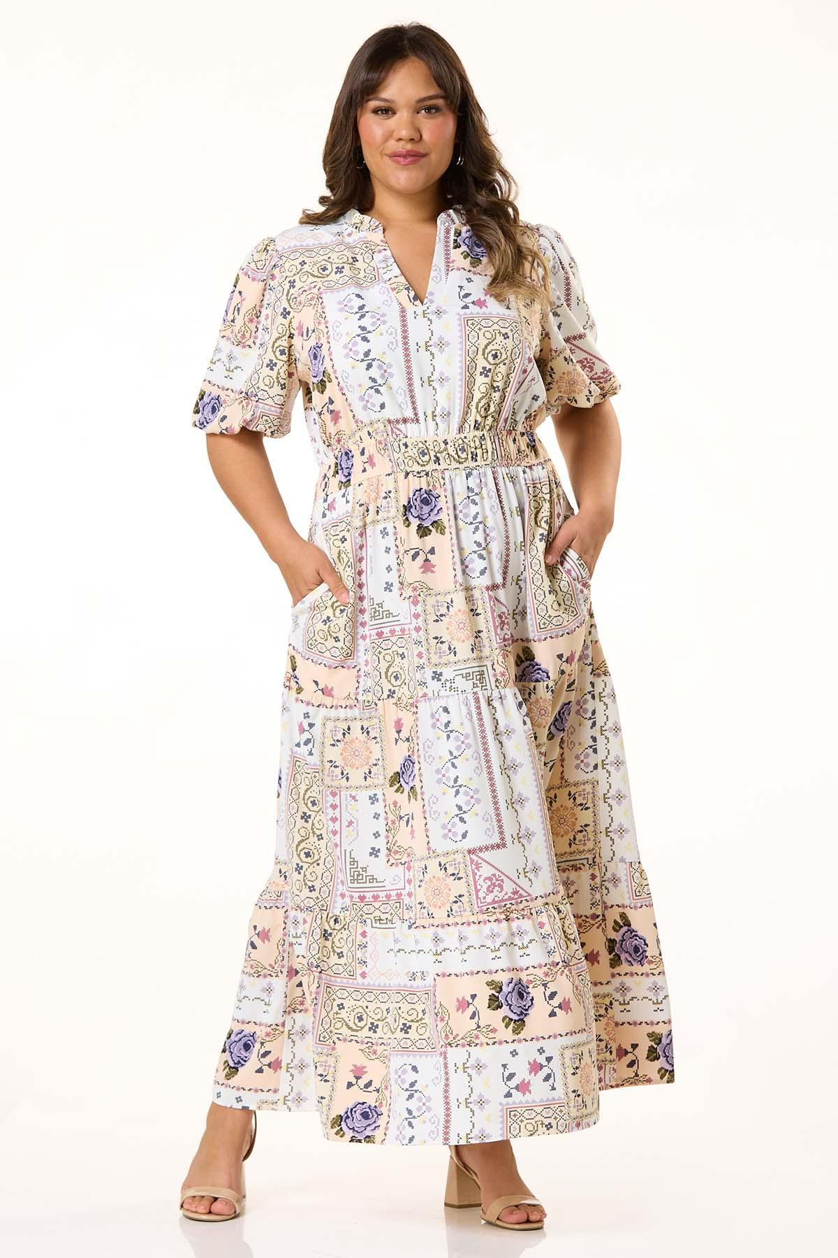 Plus Size Floral Patchwork Print Tiered Maxi Dress | Cato Fashions