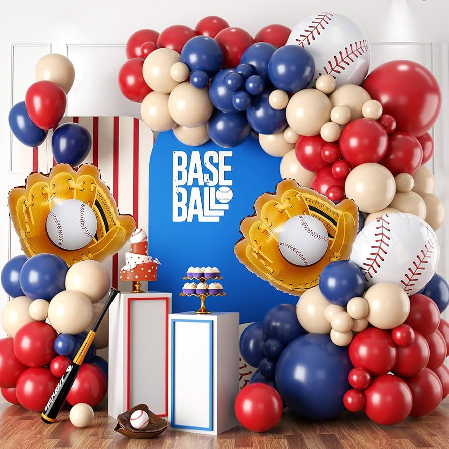 Baseball Birthday Party Decorations, Navy Blue Red Nude Balloon Arch with Baseball Glove Foil Bal... | Amazon (US)