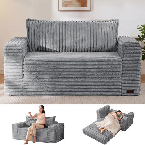 MAXYOYO Convertible Sofa Bed, 2 in 1 Folding Couch Bed for Small Space, Pull Out Loveseat Sofa Couch with Large Back Pillow, Plush Faux Fabric Lounge Couch for Living Room, Apartment, Grey | Amazon (US)