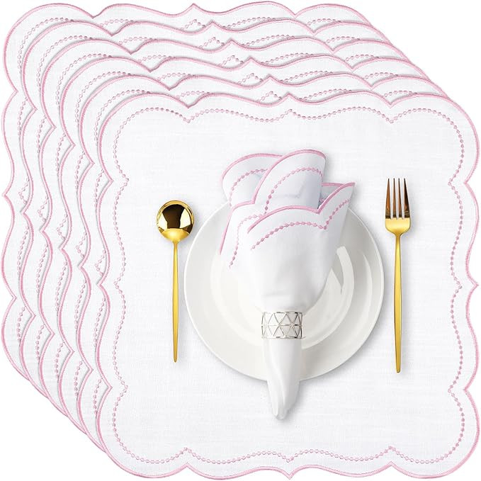 6 Set Cloth Napkins 18x18inches Scalloped Embroidery Cloth Napkins Washable Polyester Table Dinne... | Amazon (US)
