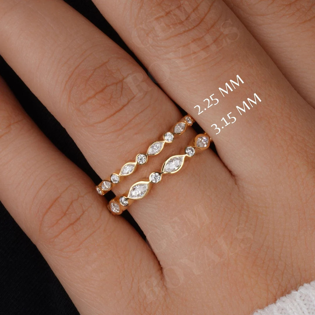 Vintage Marquise and Round Bezel Set Moissanite Wedding Band Women 14K Gold Full Eternity Stackin... | Etsy (US)