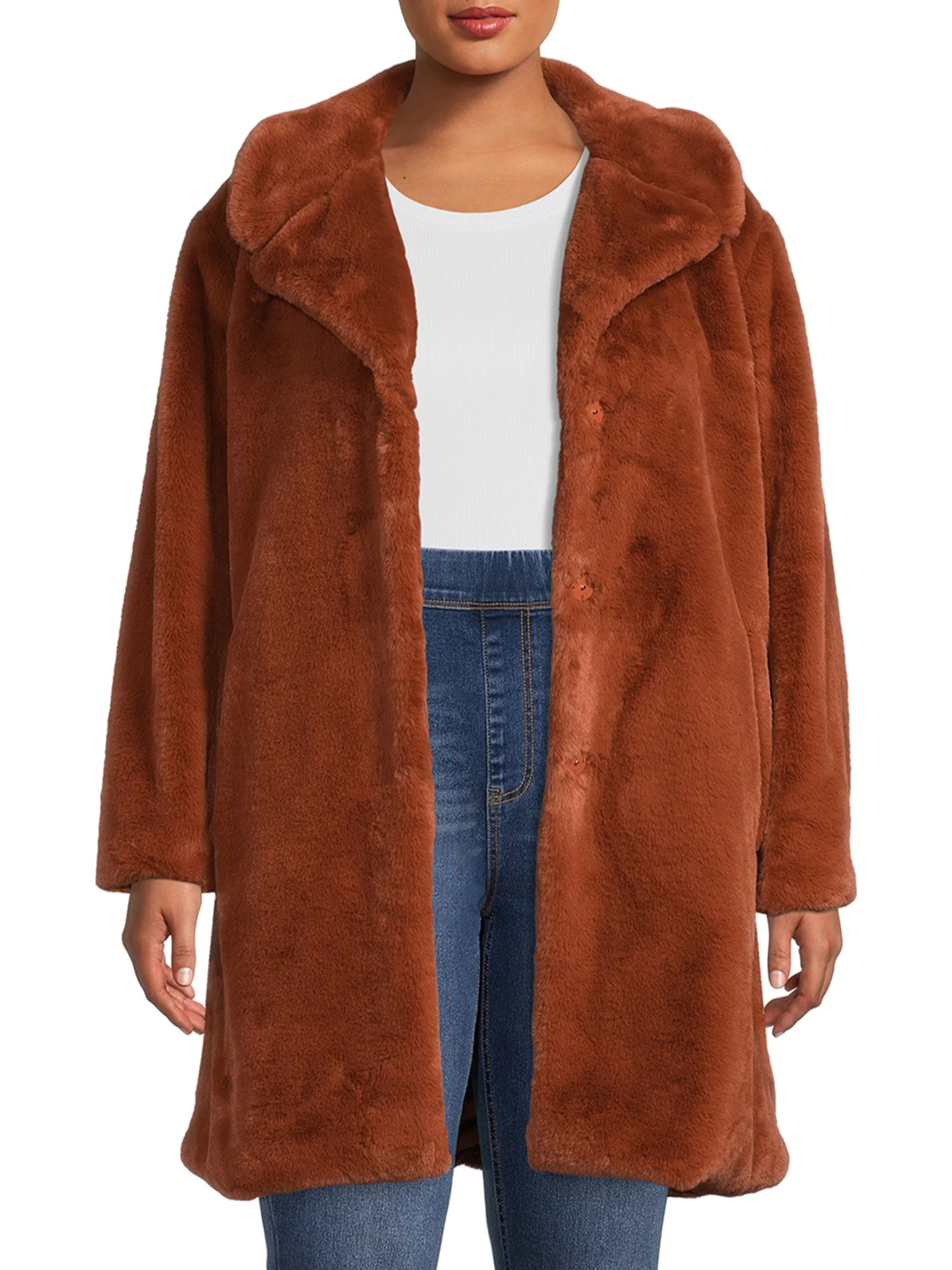 Time and Tru Women's and Plus Full Length Faux Fur Coat - Walmart.com | Walmart (US)