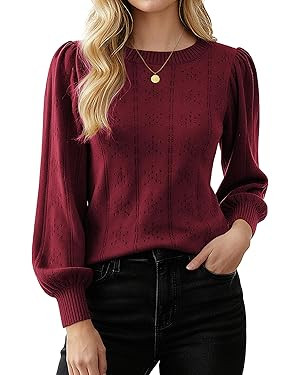 GRACE KARIN Women's Long Lantern Sleeve Crew Neck Crochet Top Hollow Out Fall Pullover Sweater | Amazon (US)