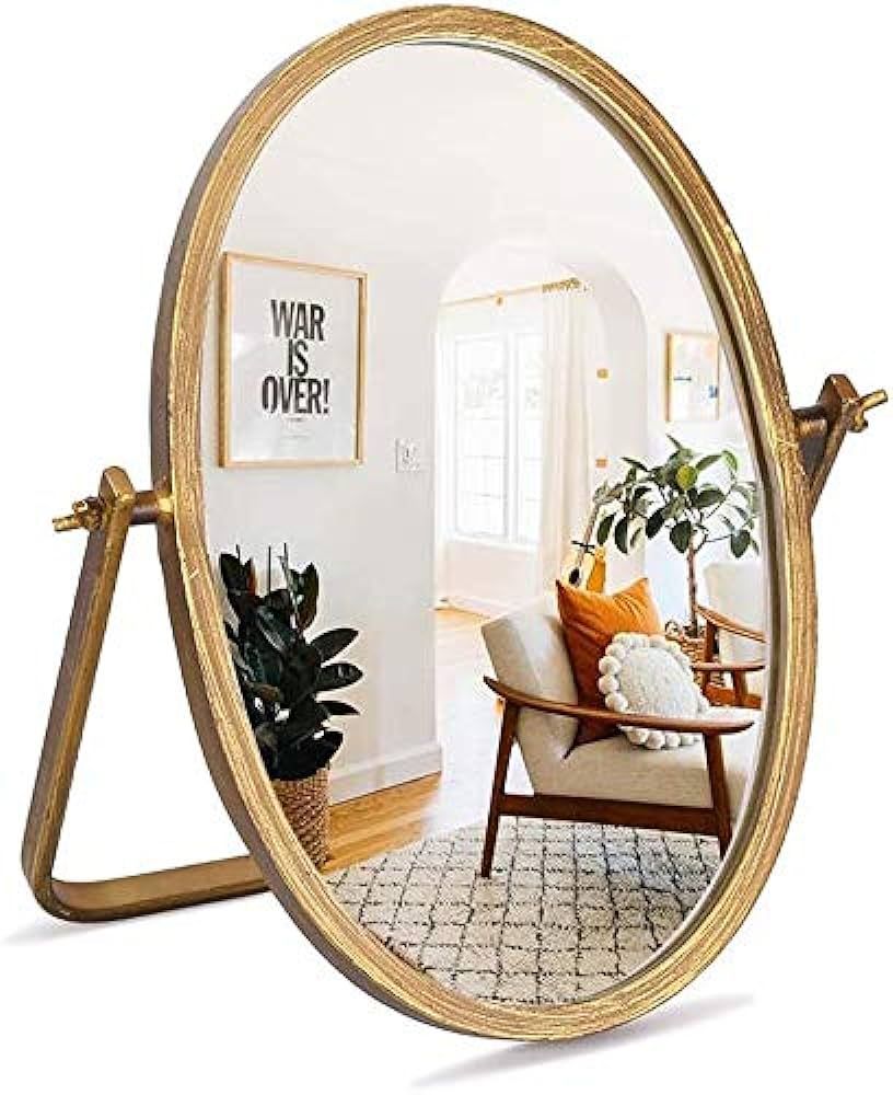 Geloo Vanity Desk Table Mirror Decor-Oval Makeup Mirror 360° Adjustable Rotation,Golden Metal Fr... | Amazon (US)