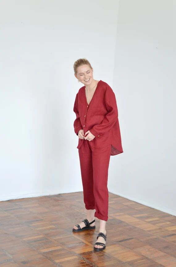 Red Linen Pajamas  Christmas Pajamas  Pajama Set Women  | Etsy | Etsy (US)