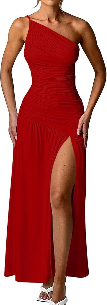 Memoriesea Women's Sexy One Shoulder High Split Ruched Cocktail Party Formal Maxi Dress | Amazon (US)