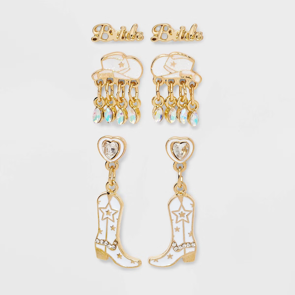 Bride Hat and Boot Stud and Drop Earring Set 3pc - Gold/White | Target