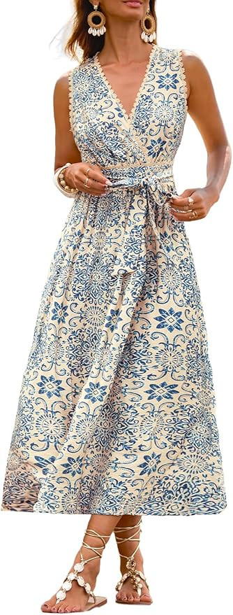 CUPSHE Women's Paisley Floral Maxi Sundress Sleeveless V Neck Lace Trim Dress Summer Vacation Bea... | Amazon (US)