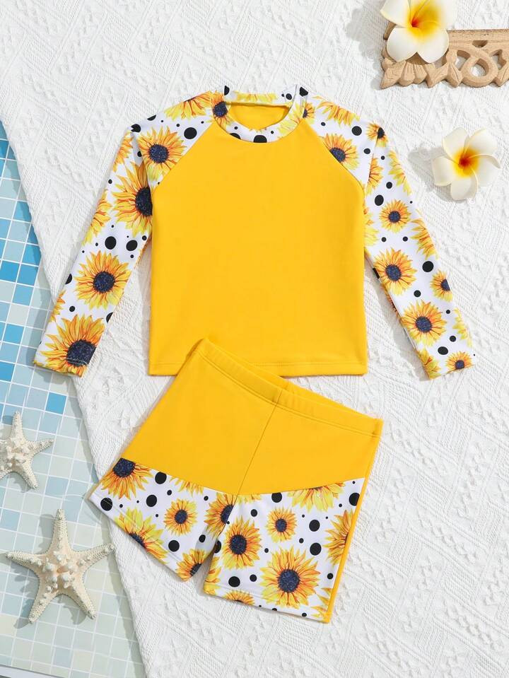 Young Girl Sunflower Print Halter Bikini Set | SHEIN